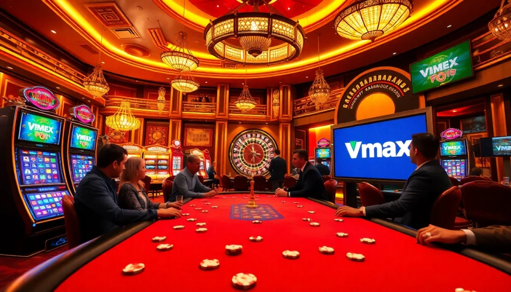 Experience thrilling gambling at Vmax's luxurious casino tables with vibrant slot machines.