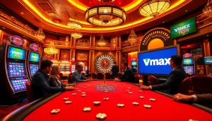 Experience thrilling gambling at Vmax's luxurious casino tables with vibrant slot machines.