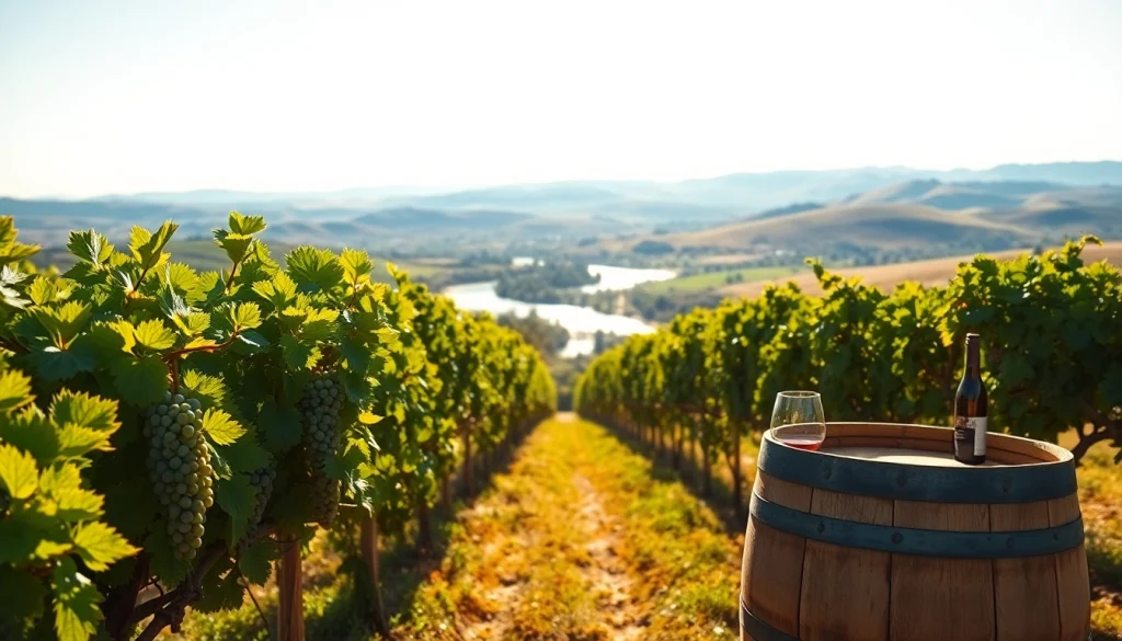Carksburg CA vineyard showcasing vibrant grapes and scenic river views.