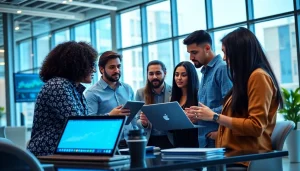 Engaged team members at an Agency collaborating in a modern workspace with analytics displayed.