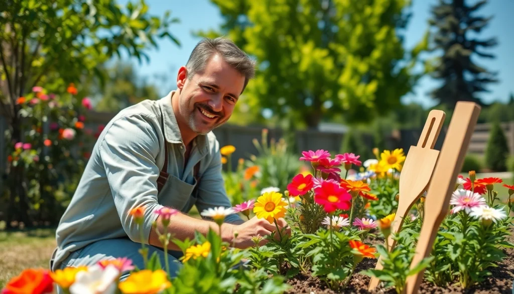 Gardening enthusiast nurturing vibrant flowers in a sunlit backyard environment.