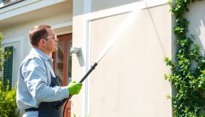 Učinkovita storitev čiščenja fasad: odstranjevanje alg in umazanije s fasade stanovanjskega objekta.