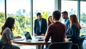 Business team collaborating in a modern office, showcasing engagement and professionalism.