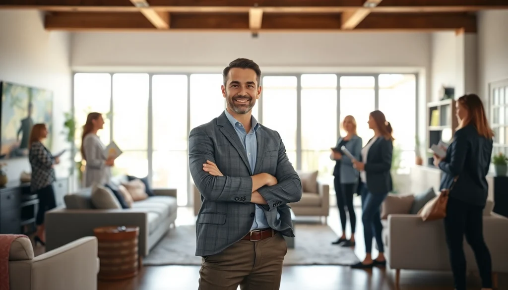 Showcasing Real Estate agent presenting an inviting open house setting to potential buyers.