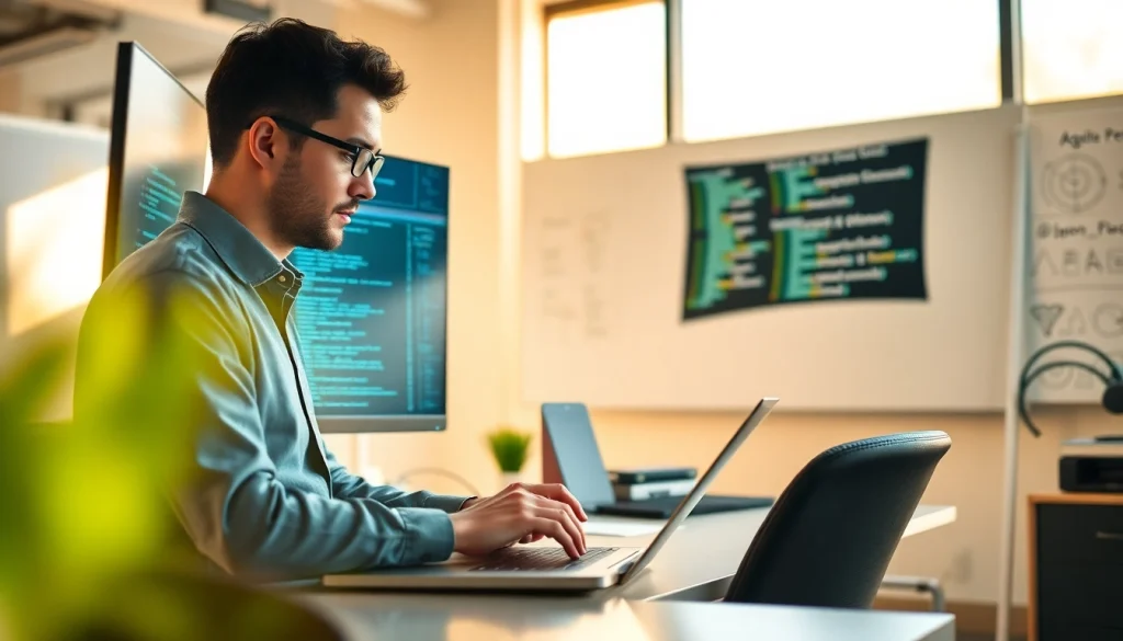 Hire .Net desktop developers working diligently in a modern office environment with dual monitors.