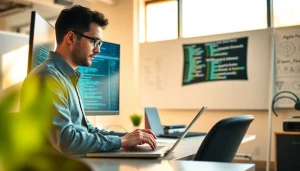 Hire .Net desktop developers working diligently in a modern office environment with dual monitors.