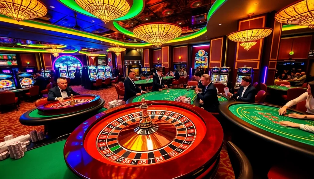 Engaging players at F8 BET's luxurious casino tables with vibrant slot machines and roulette wheel.