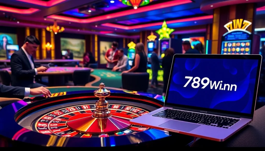 Experience the excitement of 789win com with a vibrant casino scene showcasing roulette and slots.