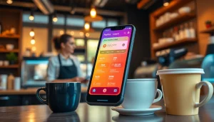활기찬 커피숍 분위기의 스마트폰에서 소액결제를 보여주는 마이크로페이먼트 인터페이스.