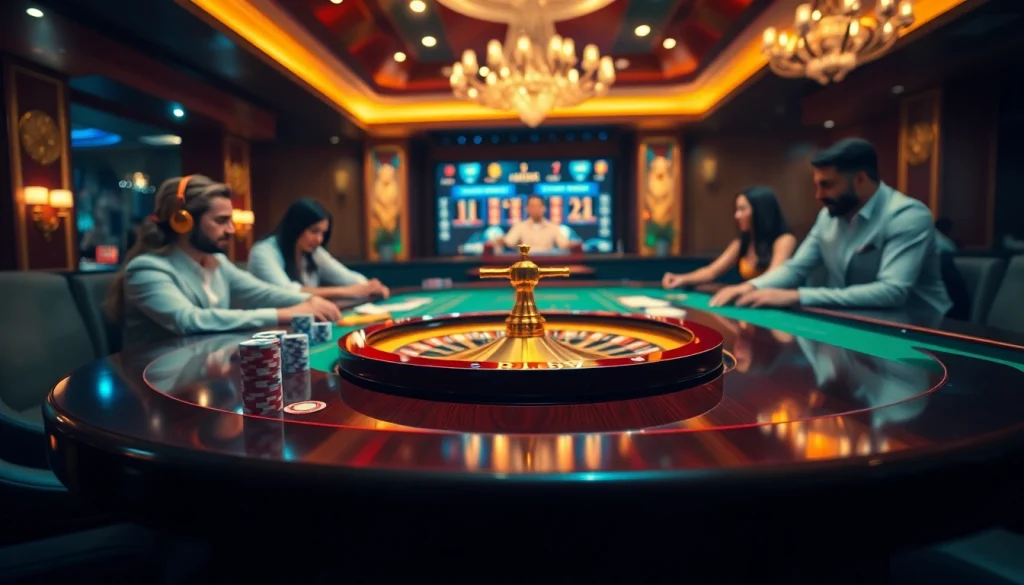 Players experiencing thrilling games at Nhà Cái mm88 with poker chips and a roulette wheel.