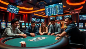 Exciting gaming scene at Vua99 with diverse players engaged in poker, showcasing high-stakes action.