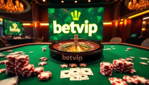 Trải nghiệm cảm giác hồi hộp tại Betvip với các yếu tố casino sống động như chip poker và bánh xe roulette.