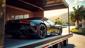 Safely transporting luxury cars with https://luxuryautocarriers.com while loading into a protective enclosed trailer.