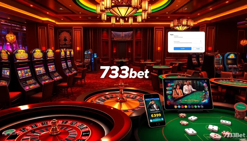 Experience the thrill of 733bet Login at a luxurious casino featuring vibrant slot machines and poker tables.