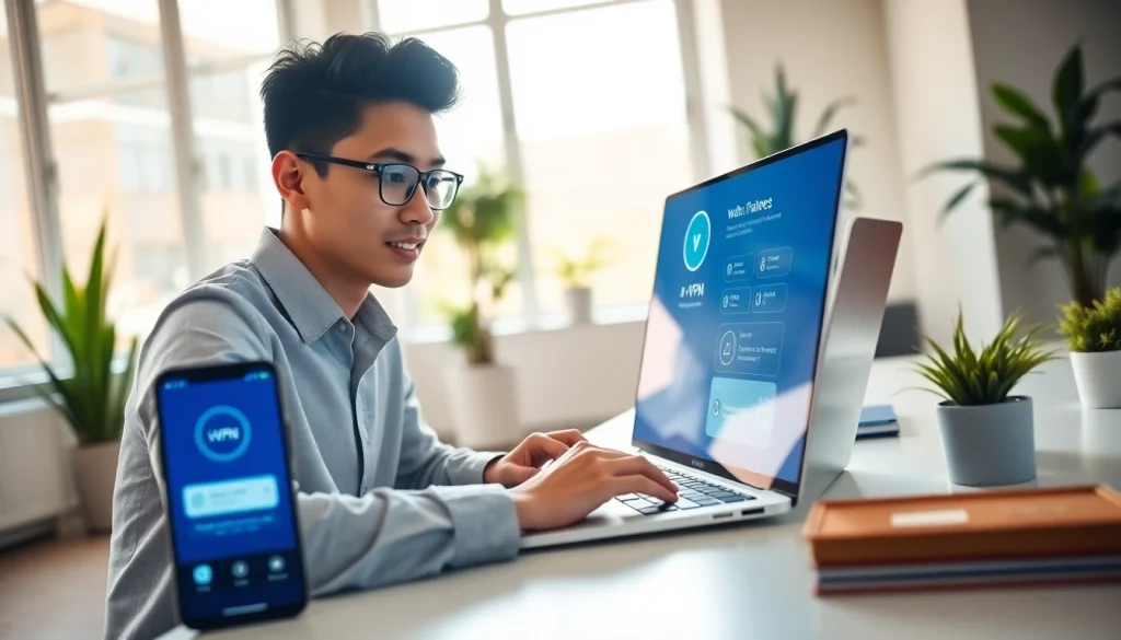 Young professional using 快连VPN on a laptop in a bright office