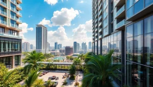 Showcase the modern design of https://newdeveloperlaunch.sg new launch condominiums in Singapore with urban skyline.