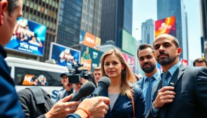 Journalists reporting breaking news at https://news-parade.com.ua in a bustling urban environment, showcasing urgency and professionalism.