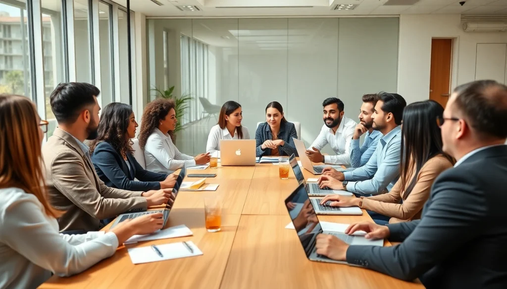 Business professionals collaborating in a modern office setting during a meeting.