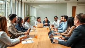 Business professionals collaborating in a modern office setting during a meeting.