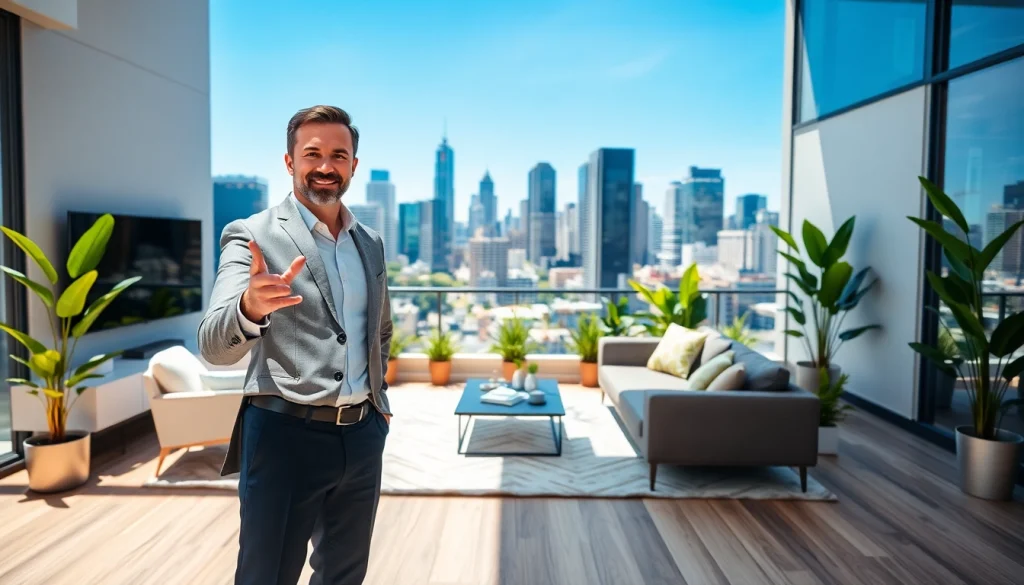 Highlighting real estate opportunities with a professional agent showcasing a modern home.