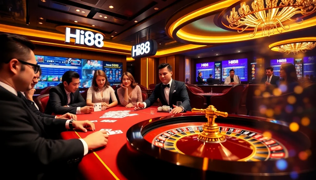 Players engaging in thrilling gambling activities with Hi88 branding in a luxurious casino atmosphere.