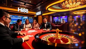 Players engaging in thrilling gambling activities with Hi88 branding in a luxurious casino atmosphere.