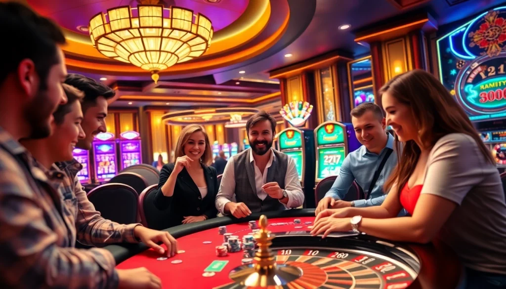 Players celebrating wins at U888's vibrant poker table amidst a luxury casino backdrop.