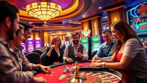 Players celebrating wins at U888's vibrant poker table amidst a luxury casino backdrop.