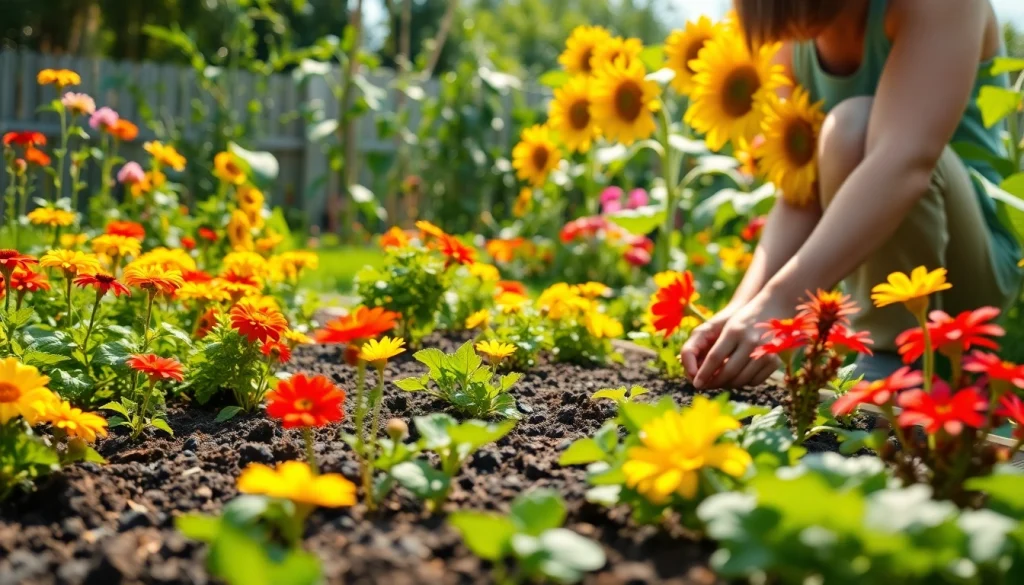 Gardening enthusiast planting seeds in a flourishing garden filled with colorful flowers and vegetables.
