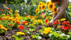Gardening enthusiast planting seeds in a flourishing garden filled with colorful flowers and vegetables.