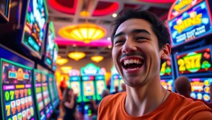 Menggambarkan slot bet kecil dengan pemain bahagia merayakan kemenangan kecil di mesin slot digital.