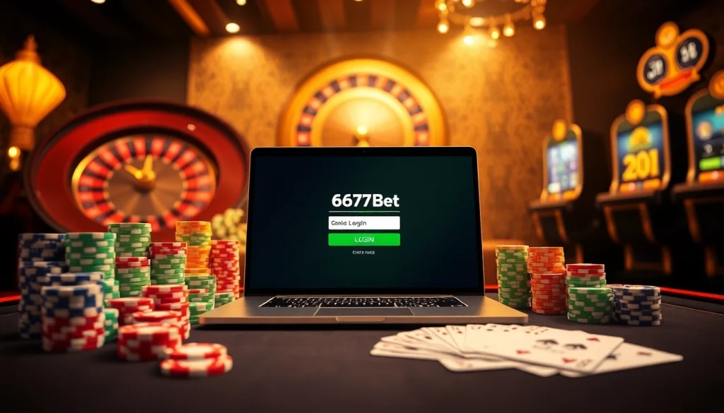Experience the thrilling 667bet Login interface amidst casino classics like roulette and poker chips.