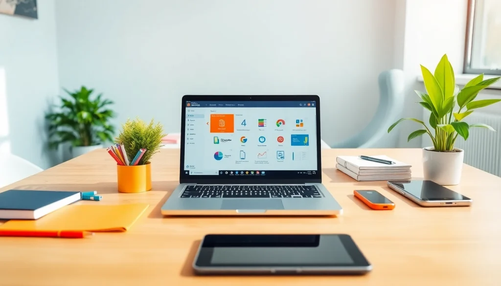 WPS软件下载 showcased in a modern office setting with digital devices promoting productivity.