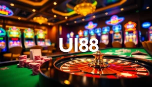 Winning at UU88 with luxury casino elements like a roulette wheel and vibrant slot machines.
