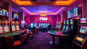 F168 online casino with vibrant gaming tables and colorful slot machines.