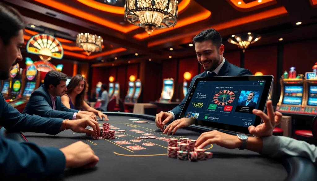 Experience the excitement of gambling at https://918kiss.net/ with players at the casino table.