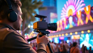 Videographer capturing a city event with vibrant lighting and energetic atmosphere.