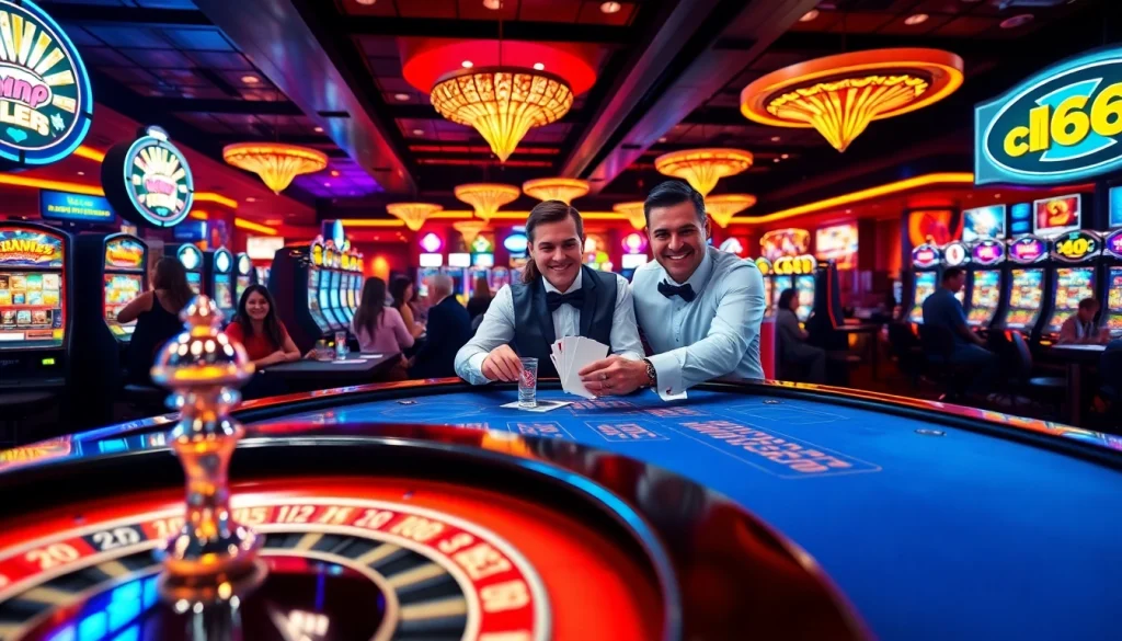 Exciting gaming experience at new66 casino with enthusiastic players at blackjack and roulette tables.