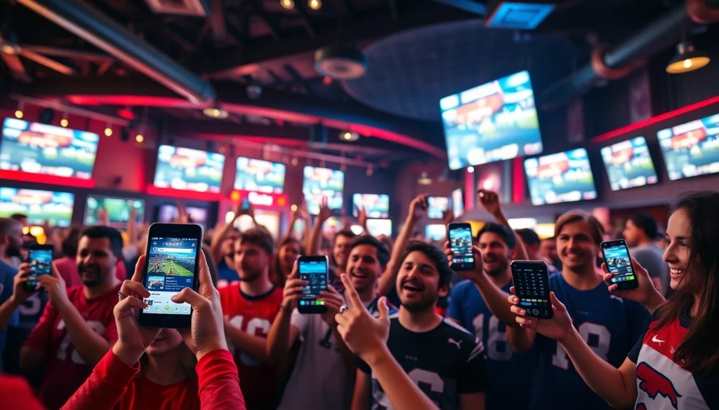 Excited fans engaging in sports betting in Texas at a lively sports bar with mobile devices.