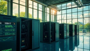 AI-driven crypto mining facility showcasing renewable energy sources and cutting-edge technology.