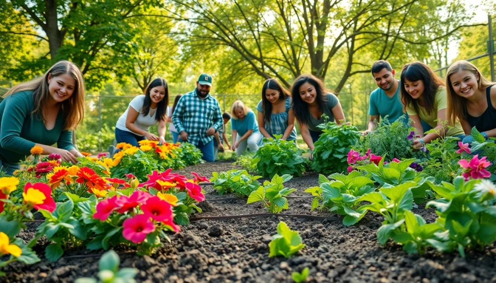 Engaged gardeners actively tending vibrant flower and vegetable patches in an urban community garden.