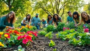 Engaged gardeners actively tending vibrant flower and vegetable patches in an urban community garden.