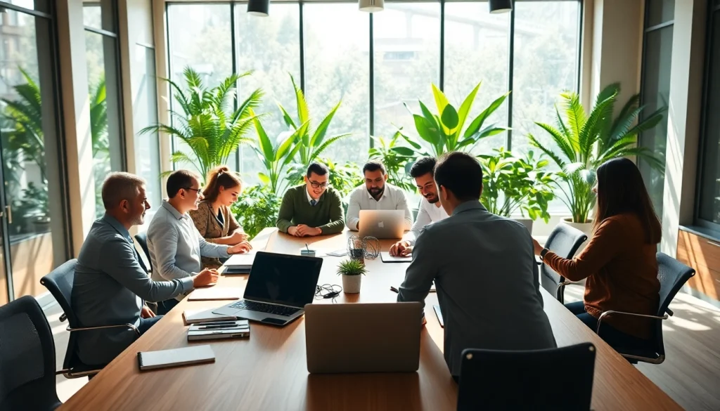 Business team collaborating in a professional office with vibrant lighting and modern design.