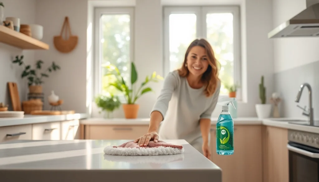 Cleaning service professional scrubbing a kitchen countertop in a bright home.