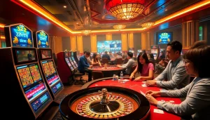 A live gaming atmosphere at Nhà Cái 32WIN with players engaging at poker tables and colorful slot machines.