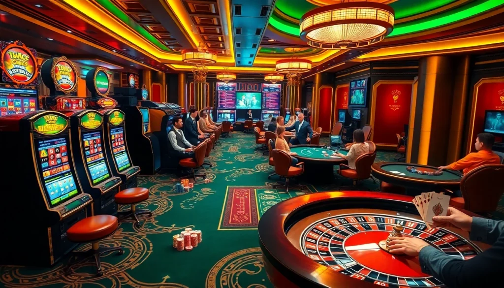 Players engaging at the Bl555 casino, featuring vibrant slot machines and poker tables.