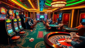 Players engaging at the Bl555 casino, featuring vibrant slot machines and poker tables.