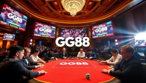 GG88 casino players competing at a glamorous poker table amid vibrant decor.