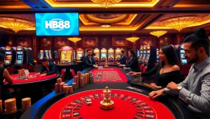 Players enjoying various casino games featuring HB88 branding in a luxurious setting.
