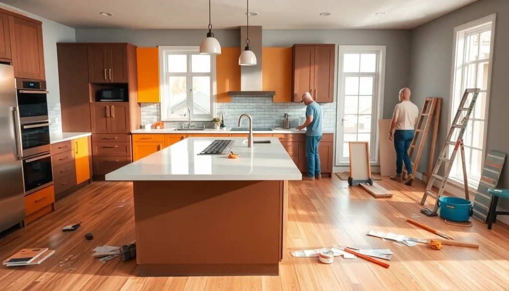 Transforming a space through home renovation with professionals working in a modern kitchen.